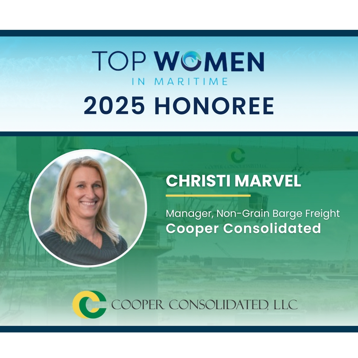 Christi Marvel, Cooper Consolidated recognized for leadership in Maritime Industry.